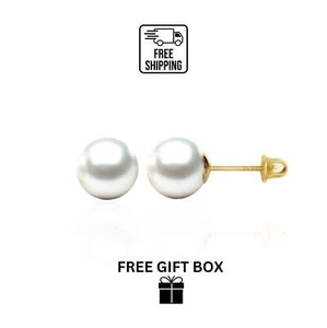 14K YELLOW GOLD ROUND GENUINE WHITE PEARL STUD EARRINGS SCREW BACKS - Picture 1 of 6