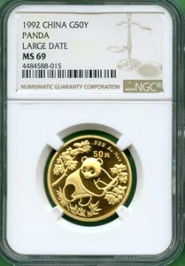 1992  PANDA GOLD   1/2 OZ  50 YUAN  NGC MS 69    LARGE DATE - Picture 1 of 2