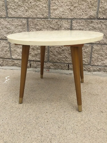 Mid Century Beige White Swirl Faux Marble Round Accent Table 002 Cover