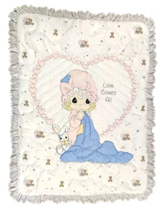 VTG Cute Precious Moments Quilt Baby Blanket Nursery Crib Comforter Teddy Bunny - Picture 1 of 3