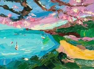 Beach Original Oil Painting Cherry Blossom Seascape with Sailboat Impressionist - Picture 1 of 5