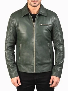 Cappotto giacca vera pelle uomo originale moto vintage cafe racer biker verde - Foto 1 di 5