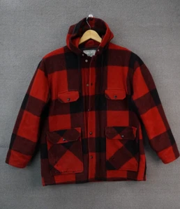 Vintage Johnson Woolen Mills Buffalo Wool Plaid Hunting Coat Size XL USA Red - Picture 1 of 12