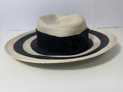 Vintage 1980s Hat by Ernie Beige Black Bow White Wide Brim Pretty Woman - Image 1 of 4