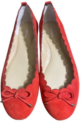 Nuevo Zapatos Planos de Ballet LANDS' END Rojo Cuero Festoneado Punta Redonda Arco Talla 7 1/2B Foto 1 de 3