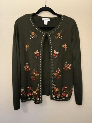 Dressbarn Women’s Vintage Green Floral Embroidered Sequin Button Cardigan Size M - Image 1 of 4