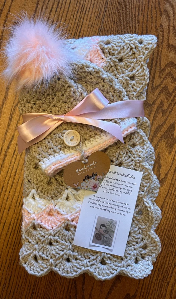 Pinky & Khaki farmhouse  handmade crochet  Baby  blanket & hat set  - Image 1 of 4