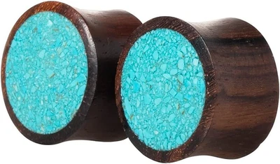 - Sillín de madera orgánica con incrustación de turquesa triturada sintética tapones medidores de oído Foto 1 de 4