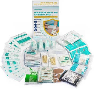 GENERAL MEDI 160 Piece First Aid Kit Bag Refill Kit - Eyewash,Instant Cold Pack, Bandages, -