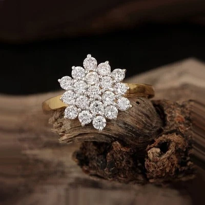 0.85Ct Round Diamond Cluster Flower Shape Engagement Ring 14K Yellow Gold Finish - Image 1 of 4