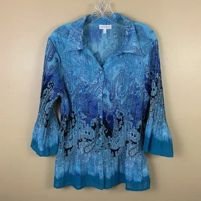 Blusa acampanada manga 3/4 arrugada estampado cachemira azul XL de moda Y2K Bug Top para mujer Foto 1 de 4