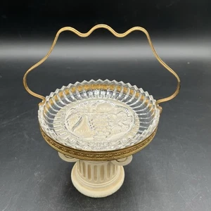 VTG Glass Serving Dish Brass Handle Embossed Pears Grapes Leaves Can Be Ashtray - Picture 1 of 8