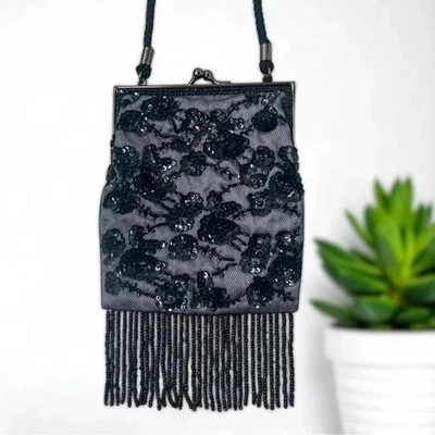 Bolso de Noche Lancome con Cuentas Borgoña Terciopelo Negro Flecos Estilo Aleta Cartera S Foto 1 de 4