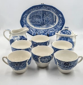 9 Pieces Liberty Blue Staffordshire Sugar & Creamer Bowl & Cups Colonial Scenes - Picture 1 of 18