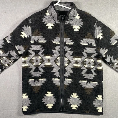 Lucky Brand Fleece Jacket Adult Large Aztek Print Black Gray Mens M Sherpa EUC - Image 1 of 4