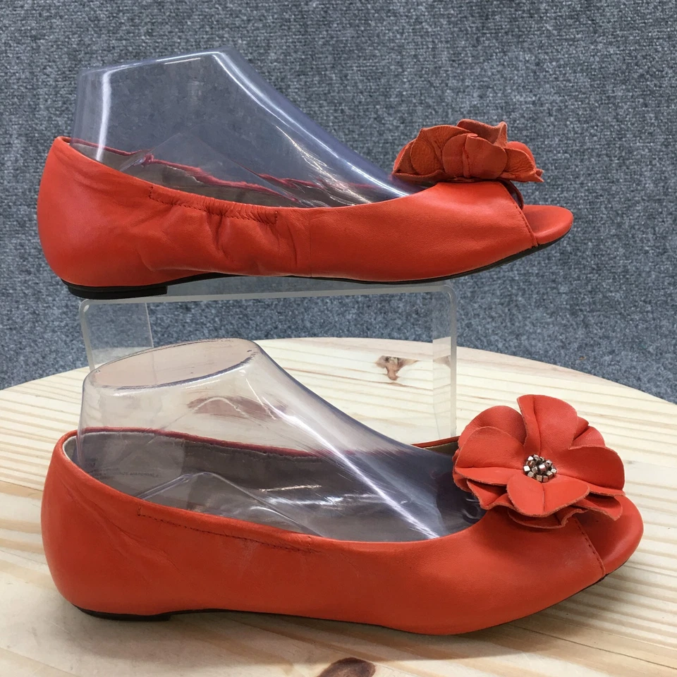 Sandálias femininas Me Too 8 M Leigh slip on flats couro laranja peep toe floral - Imagem 1 de 4