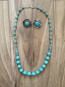 Vintage blue lucite beaded necklace on Classic Round Earrings Turquoise 3PCS Set - Picture 1 of 9