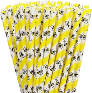 Whaline 200Pcs Bumble Bee Paper Straws - Summer Honey Bee Yellow White Disposabl - Picture 1 of 12