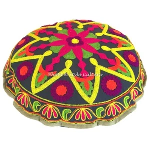 Ethnic Round Sujani Embroidered Floor Cushion Cover Pouf Kids Floral Cotton 18" - Picture 1 of 4