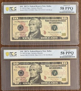 2 PCS $10 2017A FEDERAL RESERVE NOTES DALLAS PCGS 58PPQ 2045-K CONSECUTIVE S/N's - Picture 1 of 2