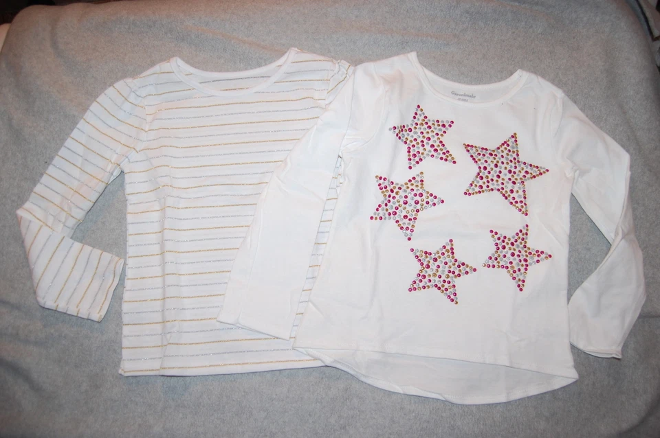 LOTE DE 2 CAMISAS L/S para niñas pequeñas blancas estrellas brillantes rayas rosa oro plata 4T Foto 1 de 1