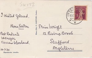 1930 Switzerland/Helvetia card sent from Interlaken to Stafford England - Picture 1 of 2