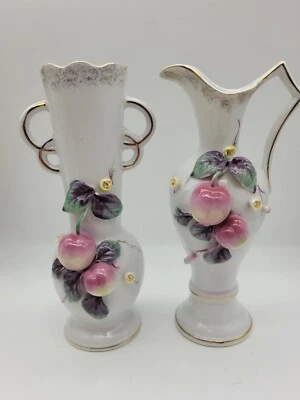 Par de jarrón vintage de porcelana y jarra de agua Ewer 3D flores de cerezo Japón Foto 1 de 4