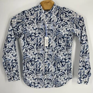 Caliban 820 Shirt 39 15.5 Blue White Floral Cotton Linen Short Sleeve NWT $245 - Picture 1 of 5
