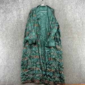 VINTAGE Kimono Robe Women Large Green Oriental AOP Open Front Pockets 90s - Picture 1 of 10