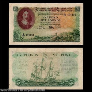 SOUTH AFRICA 5 POUNDS P97 1952 HORSE SHIP LARGE MONEY BILL ANIMAL BANK NOTE - Picture 1 of 2