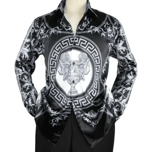 Men Satin Silky Shirt Oscar Banks Turkey Singer Stage Performer 6432 Black Lions - Picture 1 of 6