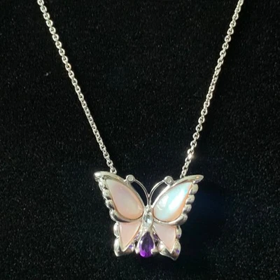 Collar mariposa de plata esterlina madreperla detalles de vidrio púrpura 18" Foto 1 de 4