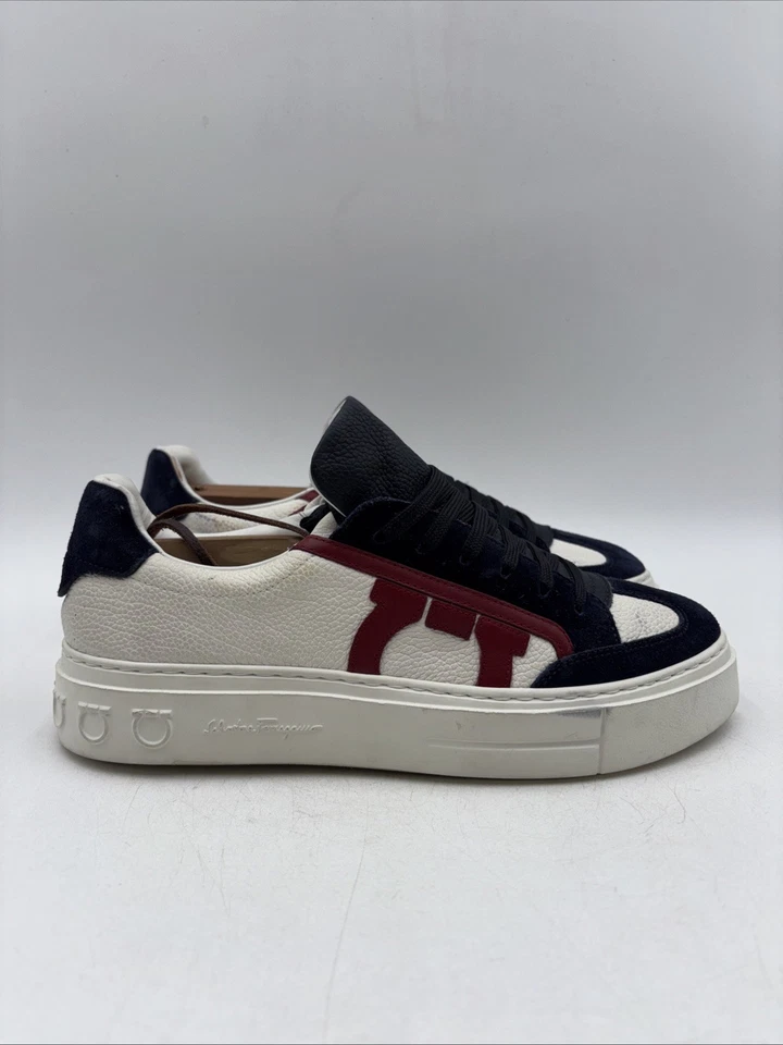 Salvatore Ferragamo Borg 低帮男式运动鞋时尚 Gancio 海军蓝 6 M 码 — 第 1/4 张图片