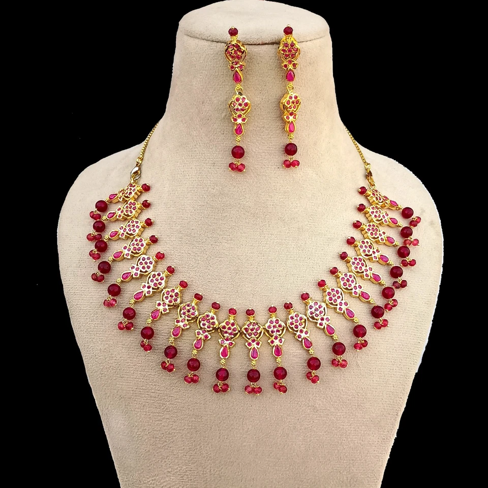 Ruby Necklace Set for Women 24K Gold Plated Jewelry with Earrings Bridal Party - image 1 of 4