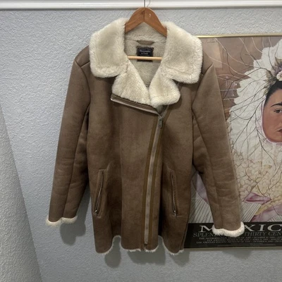 Abercrombie & Fitch Moto Jacket XL Sherpa Vegan Faux Suede Trucker Coat Tan Soft - Image 1 of 4