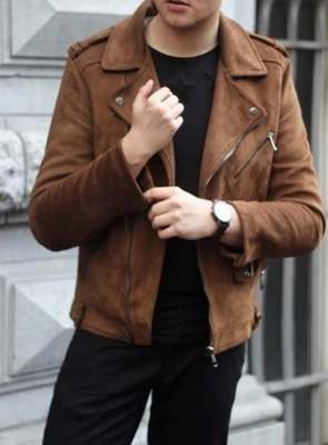 Men Brown Pure Soft Suede Leather Biker Jacket  - Image 1 of 4