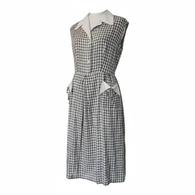 Vtg 40s Gingham Shirt Dress Sundress Pin-Up Rockabilly Black White Collar L-XL  - Image 1 of 4