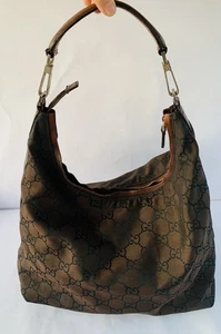 Gucci Nylon GG Shoulder Hobo Bag Brown Nylon Leather Trim - Picture 1 of 13