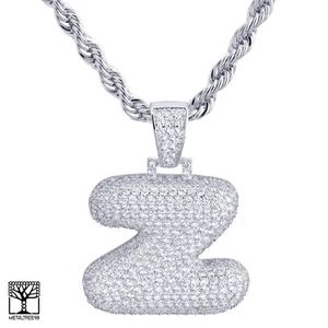 Z Initial Silver Plated Custom Bubble Letter Iced CZ Pendant 24" Chain Necklace  - Picture 1 of 4