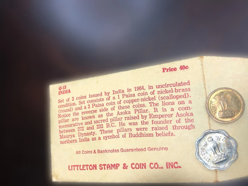 Littleton Coin Company 2 Coin Lot 1964 India 1 Paisa India 2 Paisa Uncirculated - Image 1 of 4