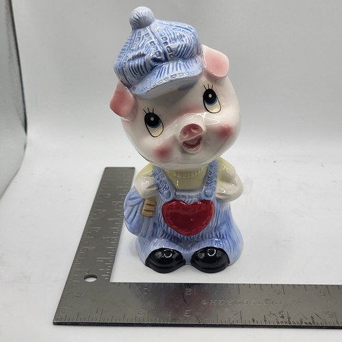 Cute piginoveralls ceramic piggy bank, 6" tall, heart on chest