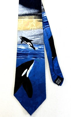 Corbata de cuello de seda vintage de especies en peligro de extinción orca ballena azul océano EE. UU. 60" X 3,75" Foto 1 de 4