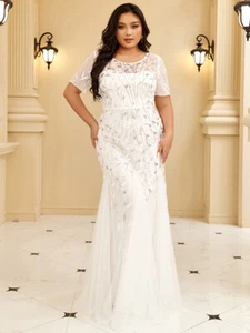 Women's Plus Size Floral Sequin Maxi Fishtail Tulle Prom Dress with Half Sleeve - Picture 1 of 30
