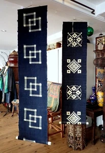 Japanese  Ikat Boro Indigo Kasuri Cable Scrolls Wall Hanging Antique Hand woven - Picture 1 of 12