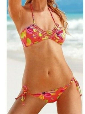 Nuevo con etiquetas Bikini Victoria's Secret Acolchado Cuentas Cuello en U Bandeau Tanga 2 Piezas Traje de Baño XS Foto 1 de 4