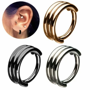 Triple Ring Clicker Piercing Segment Ear Stacked In Multiple Rows Septum 1.2MM - Picture 1 of 10