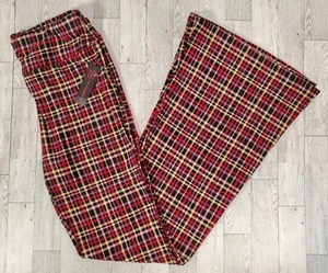 No Boundaries Pants MEDIUM FLARE Junior Red Lavender Black PLAID High Rise NEW - Picture 1 of 7