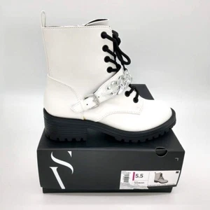 Simply Vera Wang Trombone Women's Sz 5.5 White Moto Combat Ankle Chain Boots - Picture 1 of 13