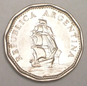 1966 Argentina Argentinian 5 Pesos Sailing Ship Coin XF - Picture 1 of 2