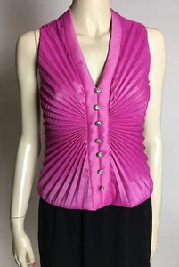 1990s Y2K Vintage Vest Top Hot Pink Barbie Pleated Rhinestone J.R Nites 10 S - Picture 1 of 6
